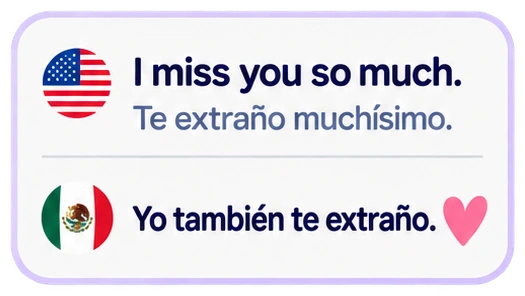 I miss you so much. Te extraño muchísimo. Yo también te extraño.
