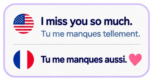 I miss you so much. Tu me manques tellement. Tu me manques aussi.